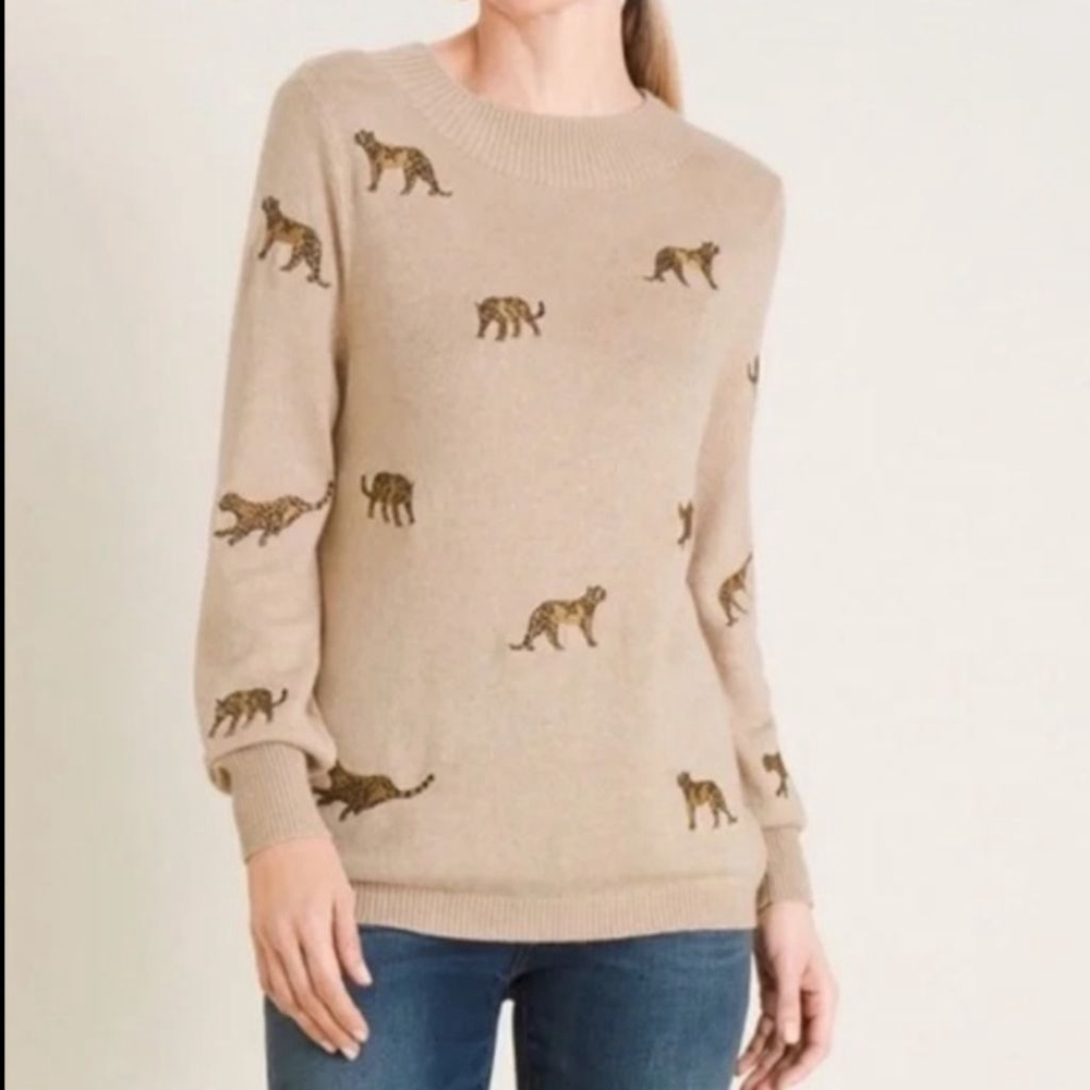 Chico's embroidered leopard sweater tan wool cashmere women's Size 2 / Large L